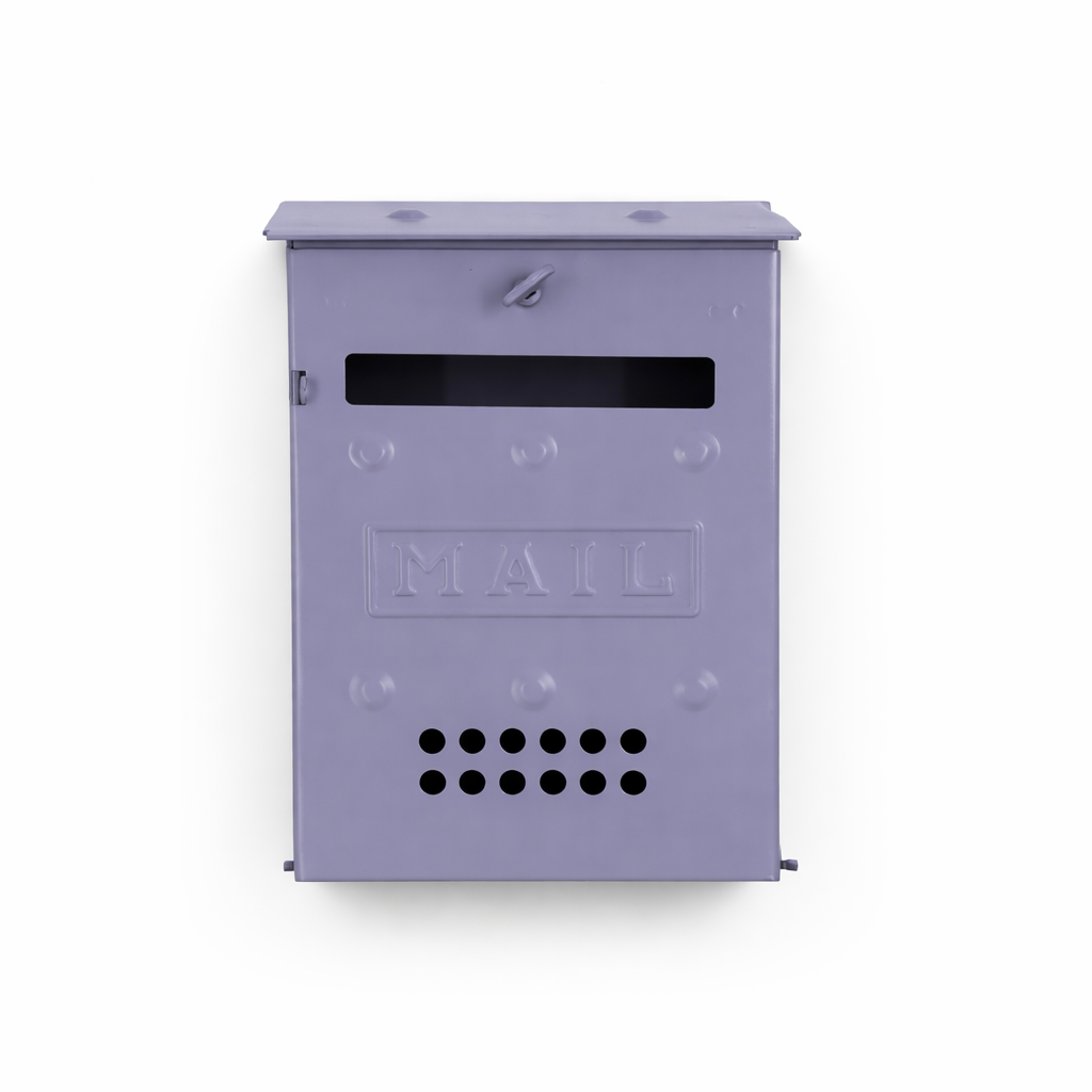 Purple mailbox with 'MAIL' text on a white background