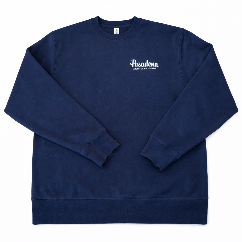 Navy blue sweatshirt with 'Pasadena' text on a white background