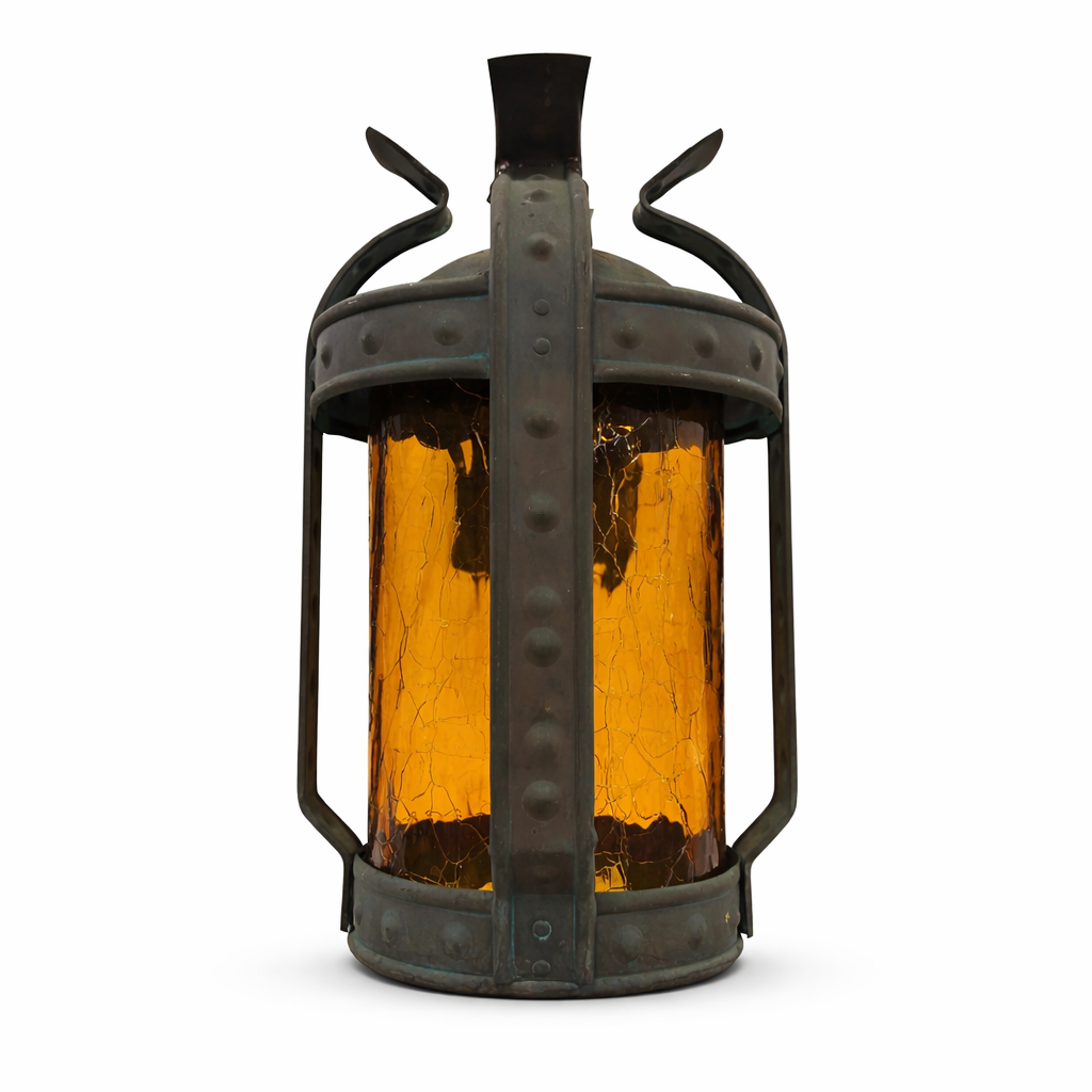 INDUSTRIAL AMBER GLASS LANTERN – RIVETED METAL FRAME (LT-1146)