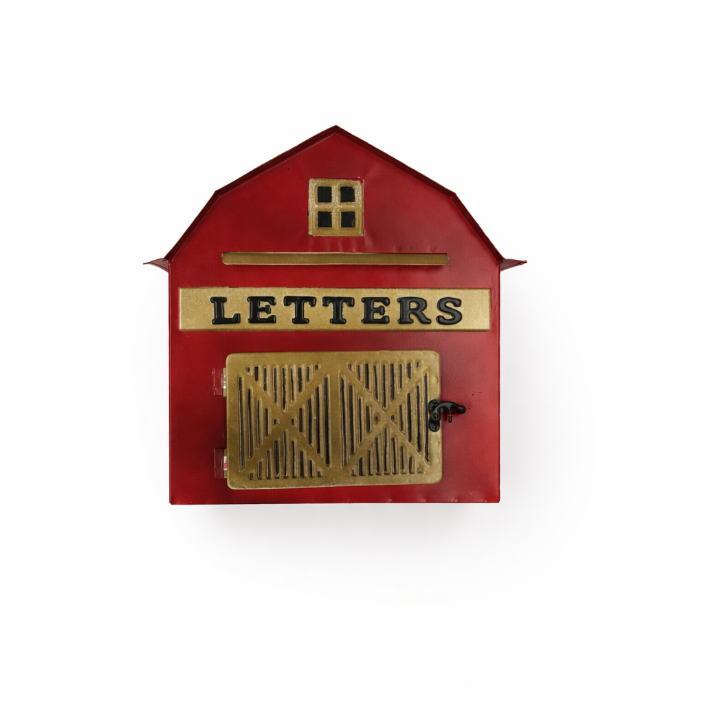 Red mailbox shaped like a barn with a gold door and 'Letters' sign on a white background