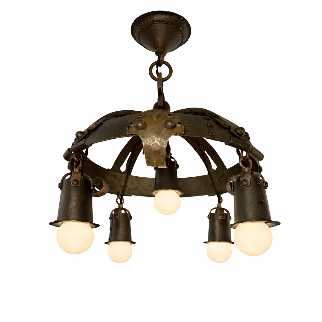 Rustic Hammered Iron Chandelier with Glass Globes-circa 1920s–1930s (lt-1121)