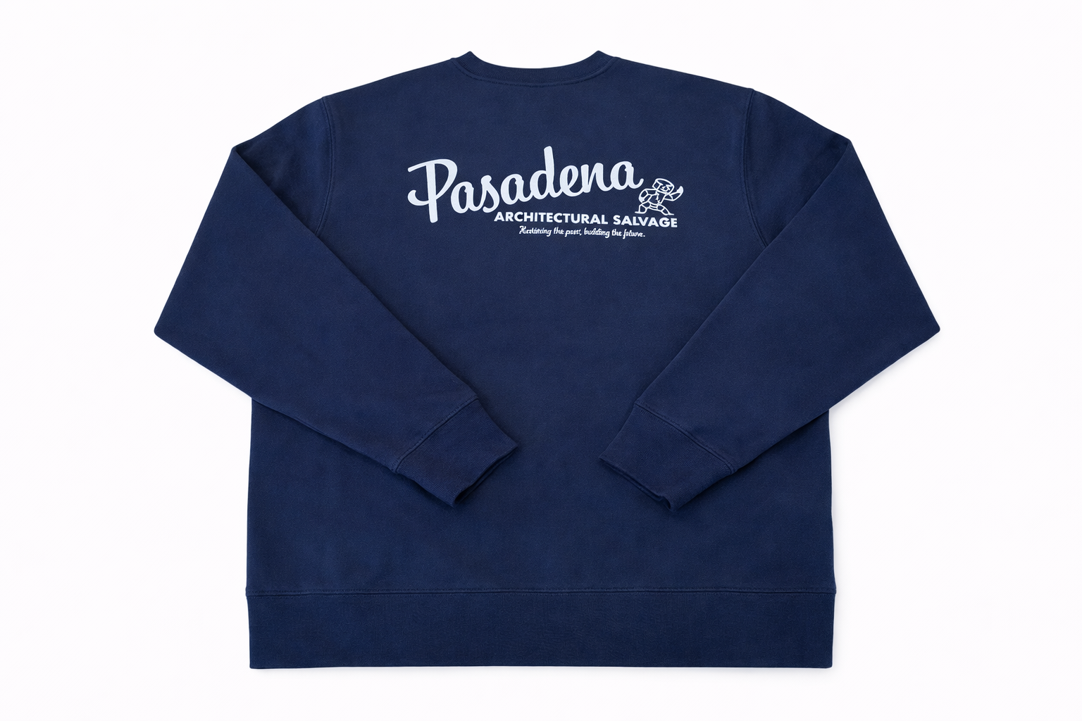 Navy blue sweatshirt with 'Pasadena Architectural Salvage' text on a white background