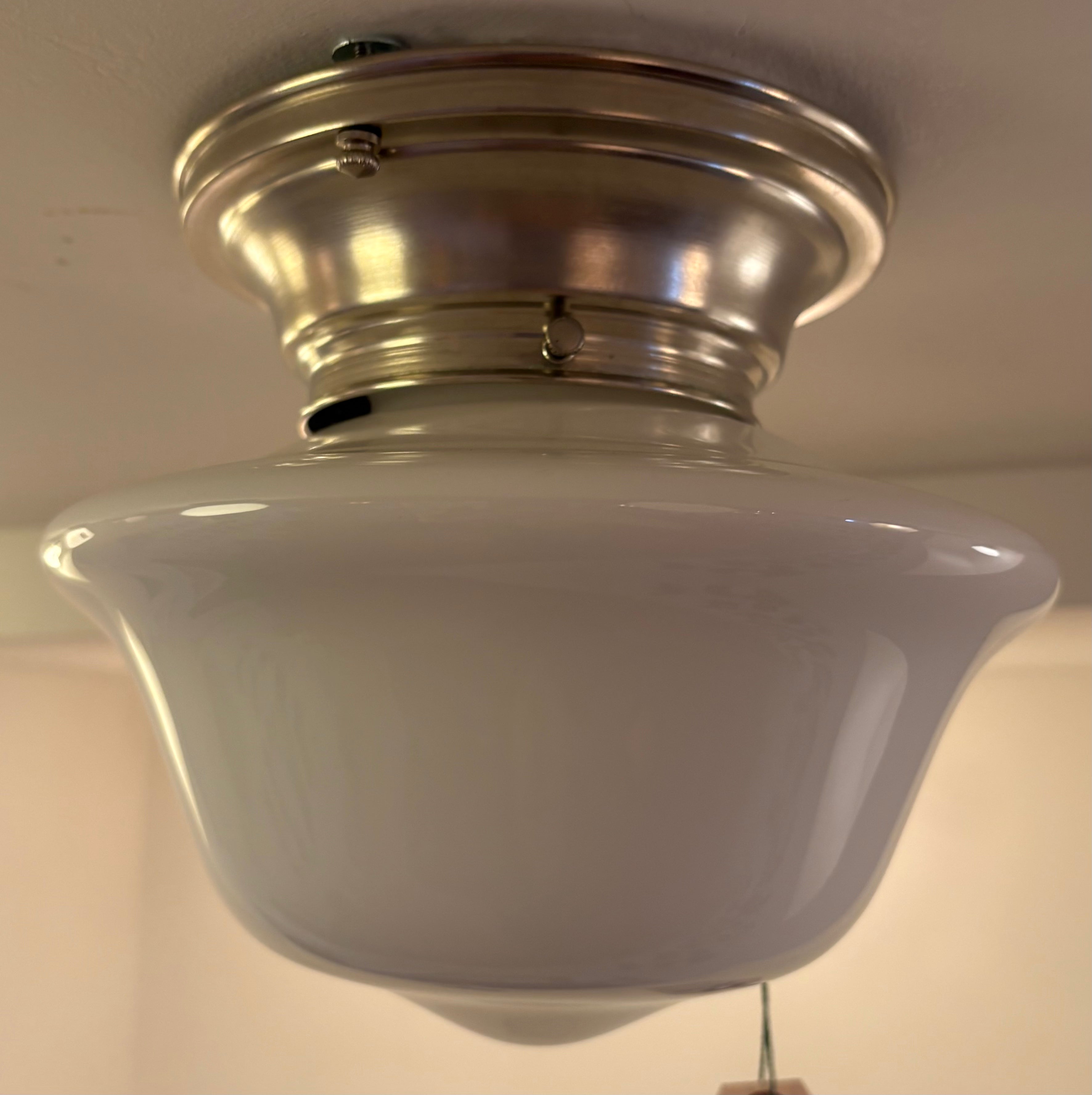 Vintage schoolhouse ceiling light with milk glass shade – brushed nickel mount (LT-1109)