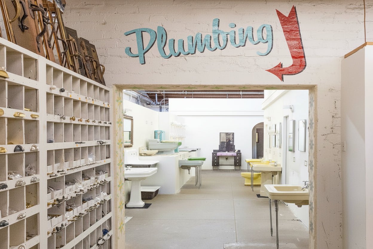 Interior of a plumbing supply store with shelves and fixtures.