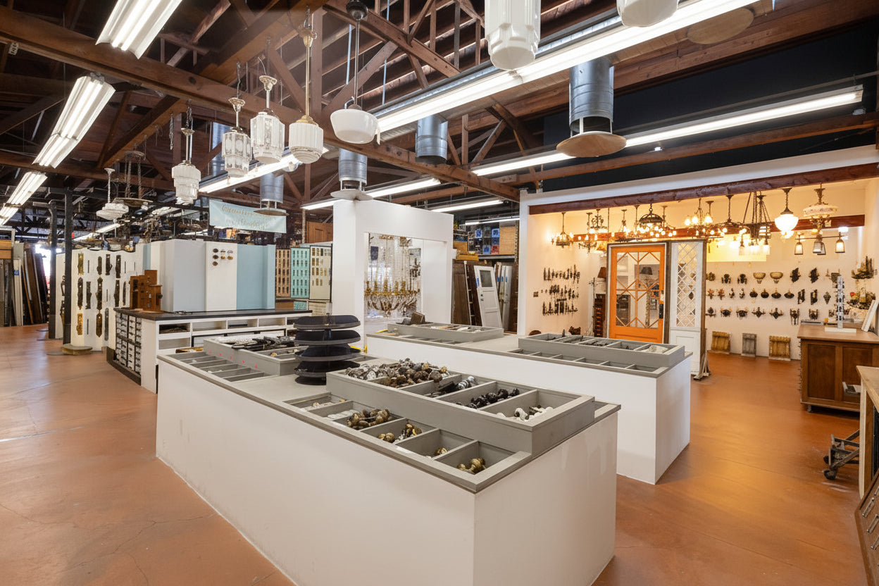 photo of the inside of the salesfloor with bins of hardware, lighting , doors, and door hinges