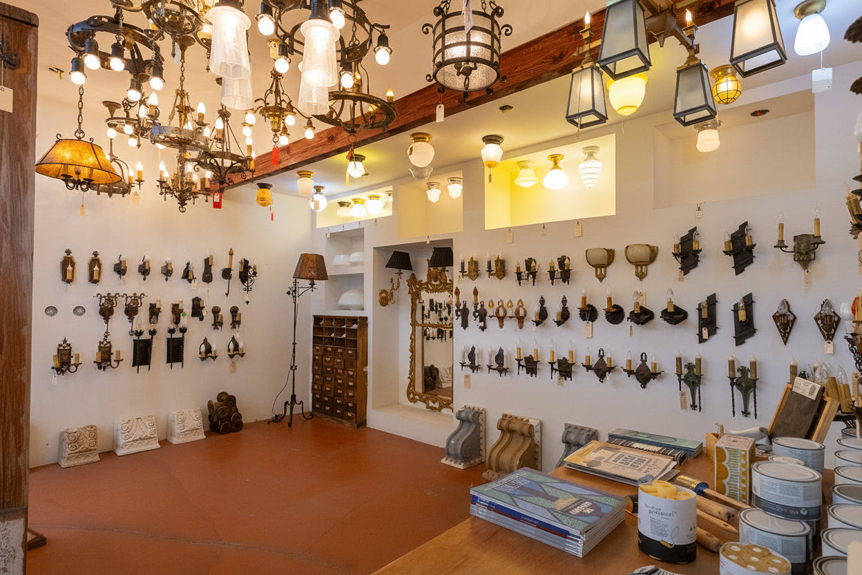 Light fixture store with various chandeliers and wall-mounted lights on display.