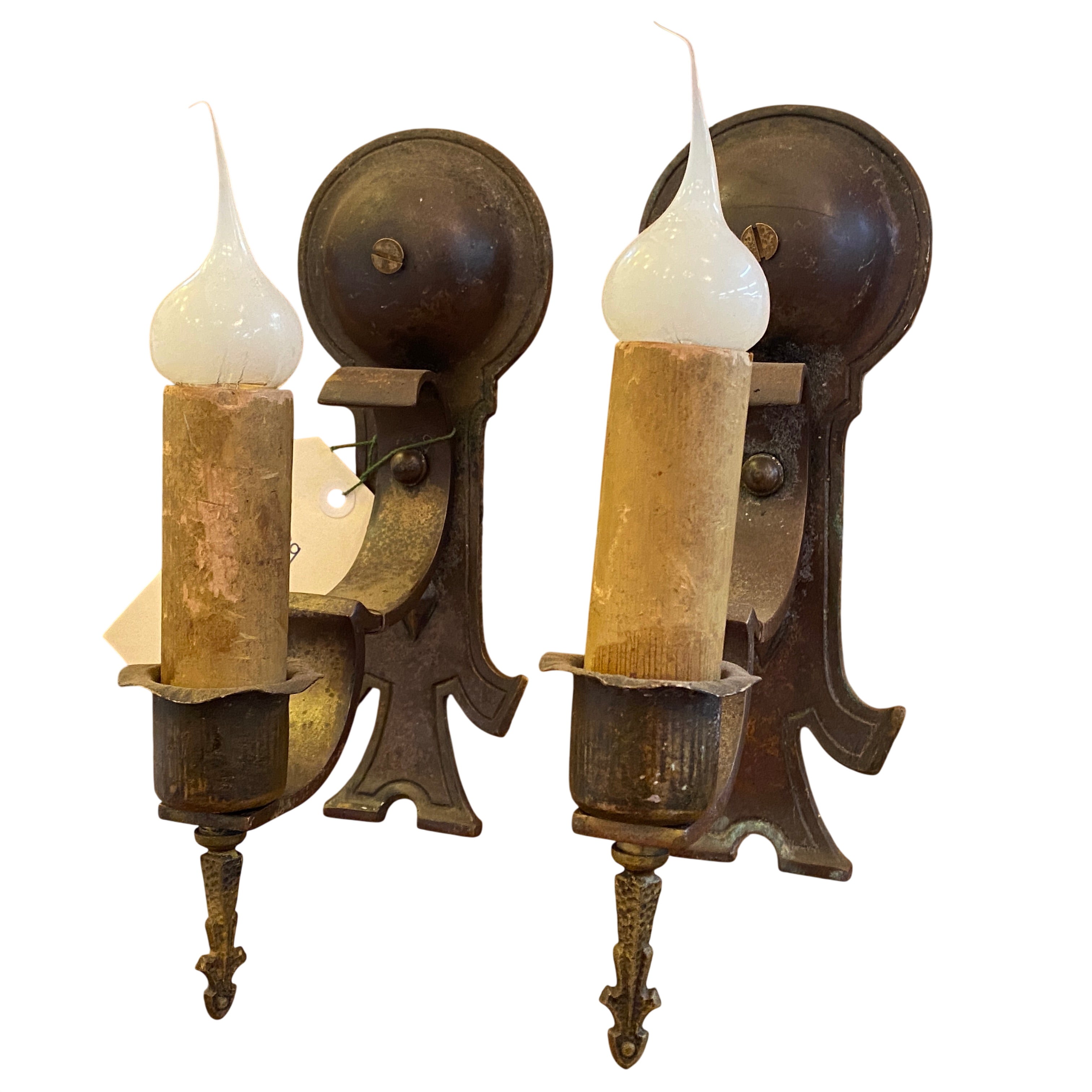 Scrolled Brass Wall Sconce Pair – 1920s–1930s (LT-39)