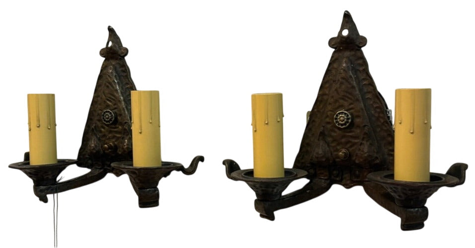 Hammered Cast Iron Double Wall Sconce Pair – c. 1920s–1930s (LT-733)
