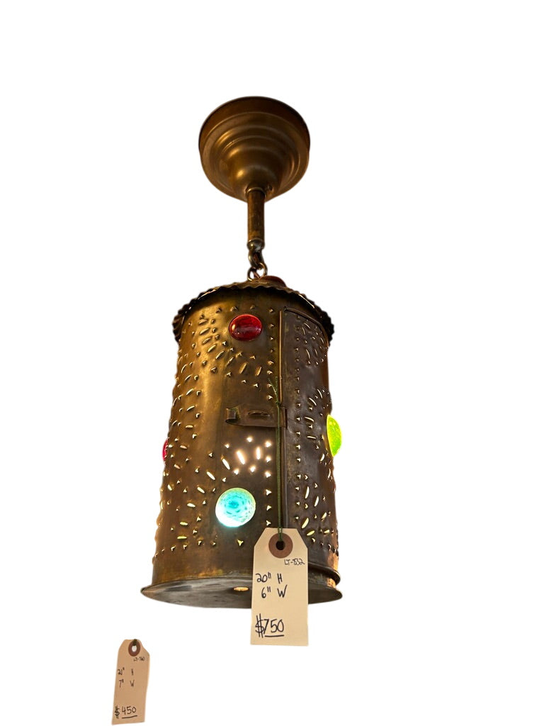 Pierced metal cylinder pendant with colored glass accents – 1920s–1930s (LT-832)
