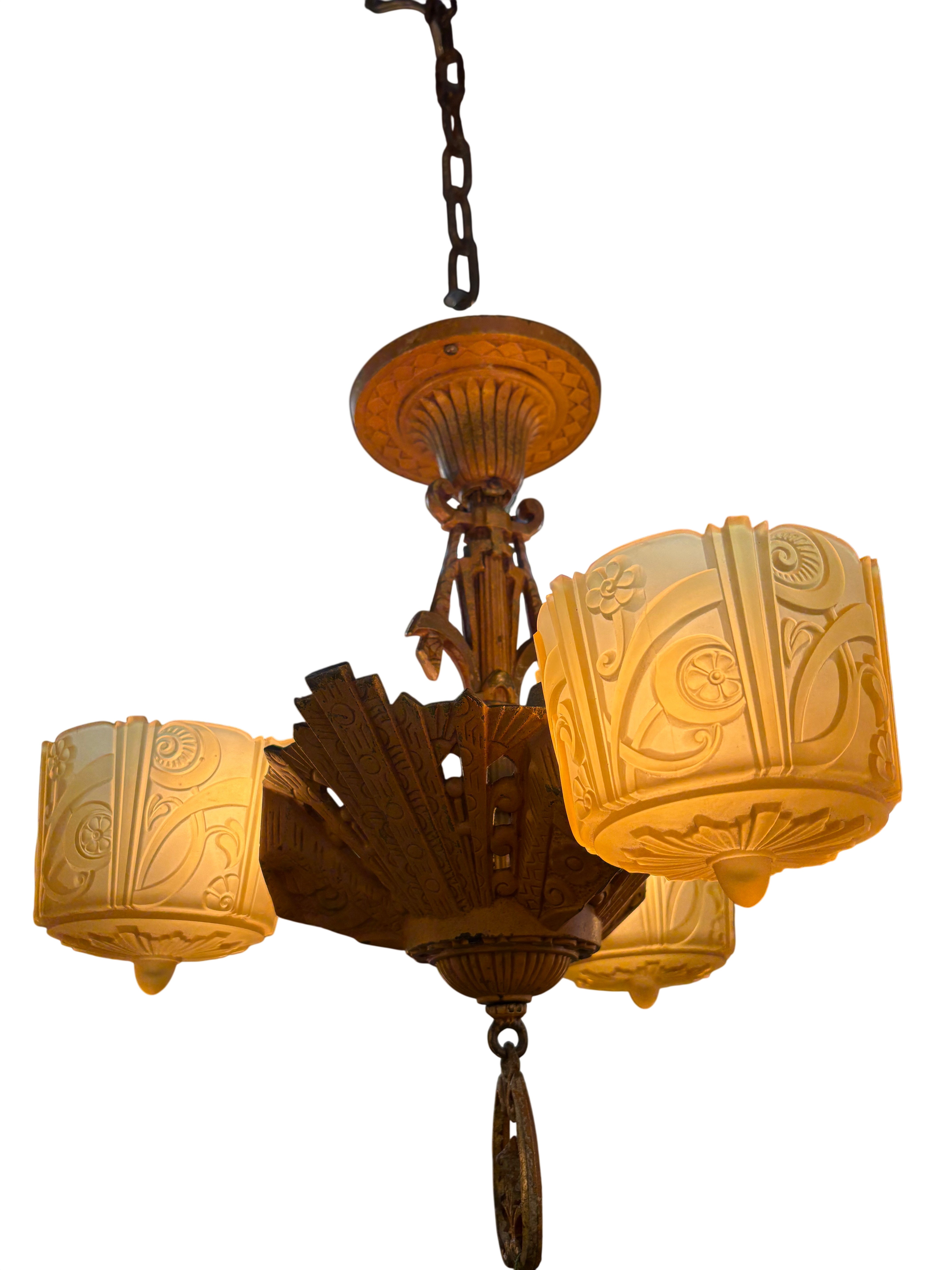Art Deco chandelier with sculpted slip shades – estimated 1930s (LT-1090)