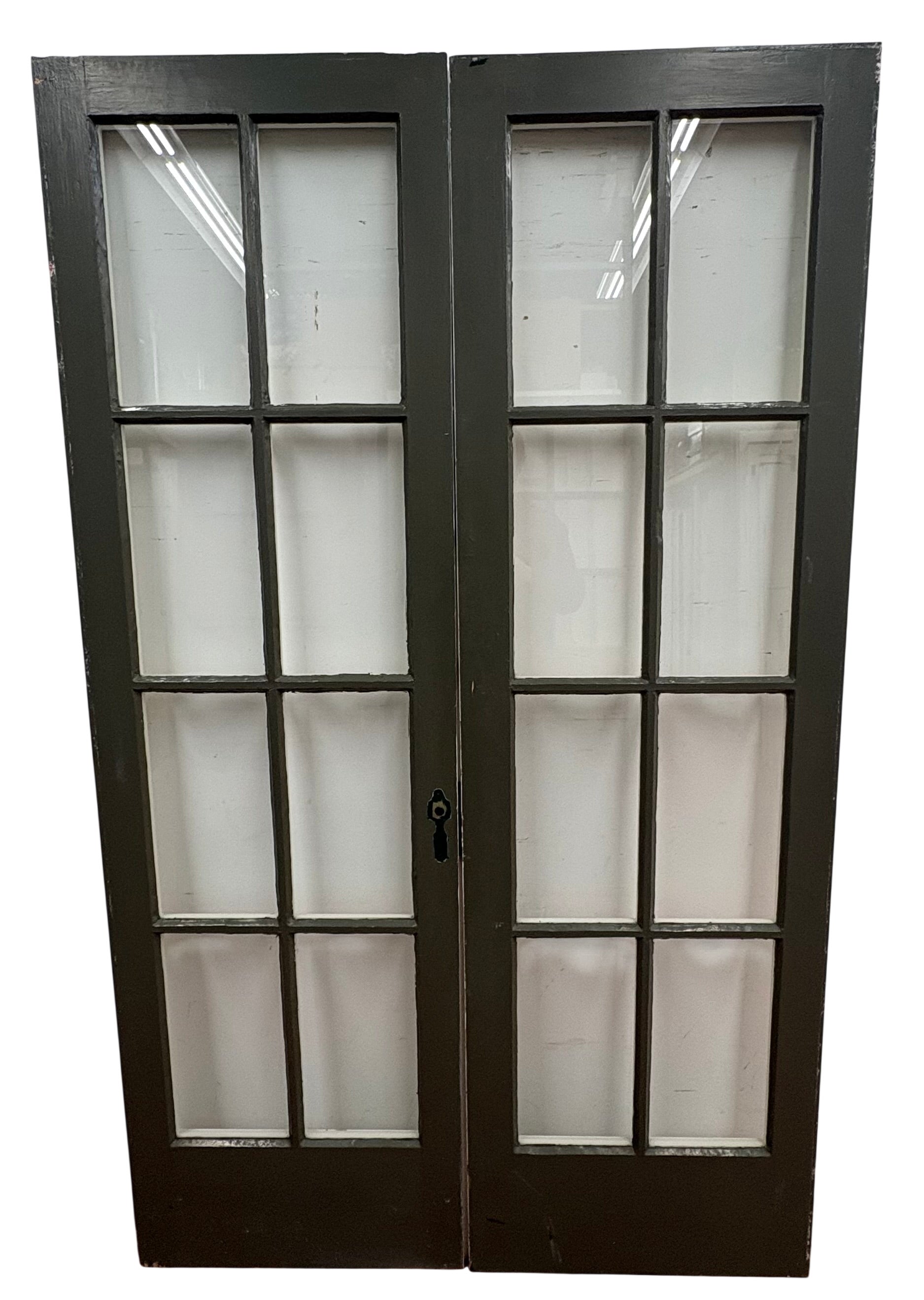 Pair of black-framed glass doors with a white background