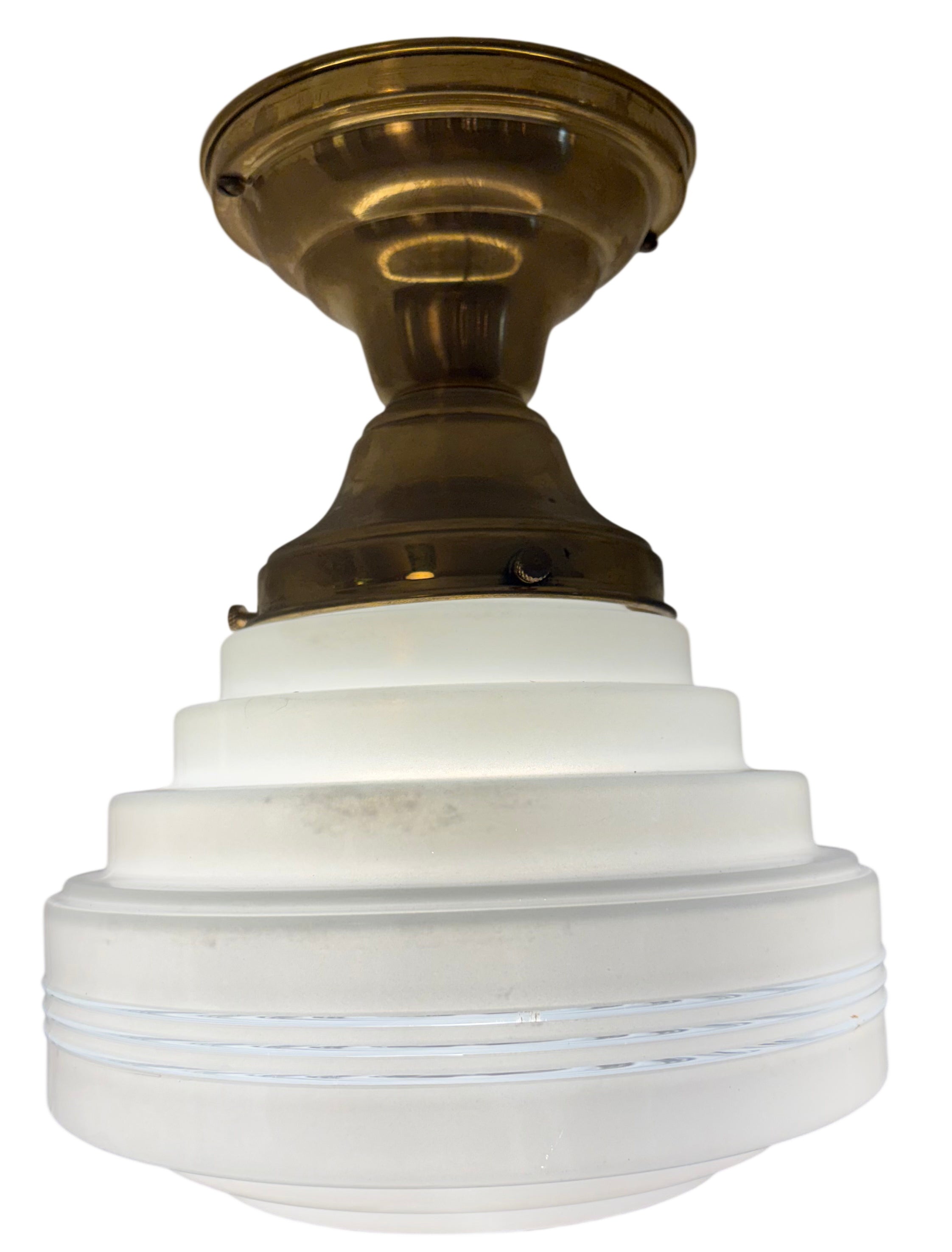 Art Deco flush mount ceiling light with stepped milk glass shade – original 1930s brass fixture (LT-1111)