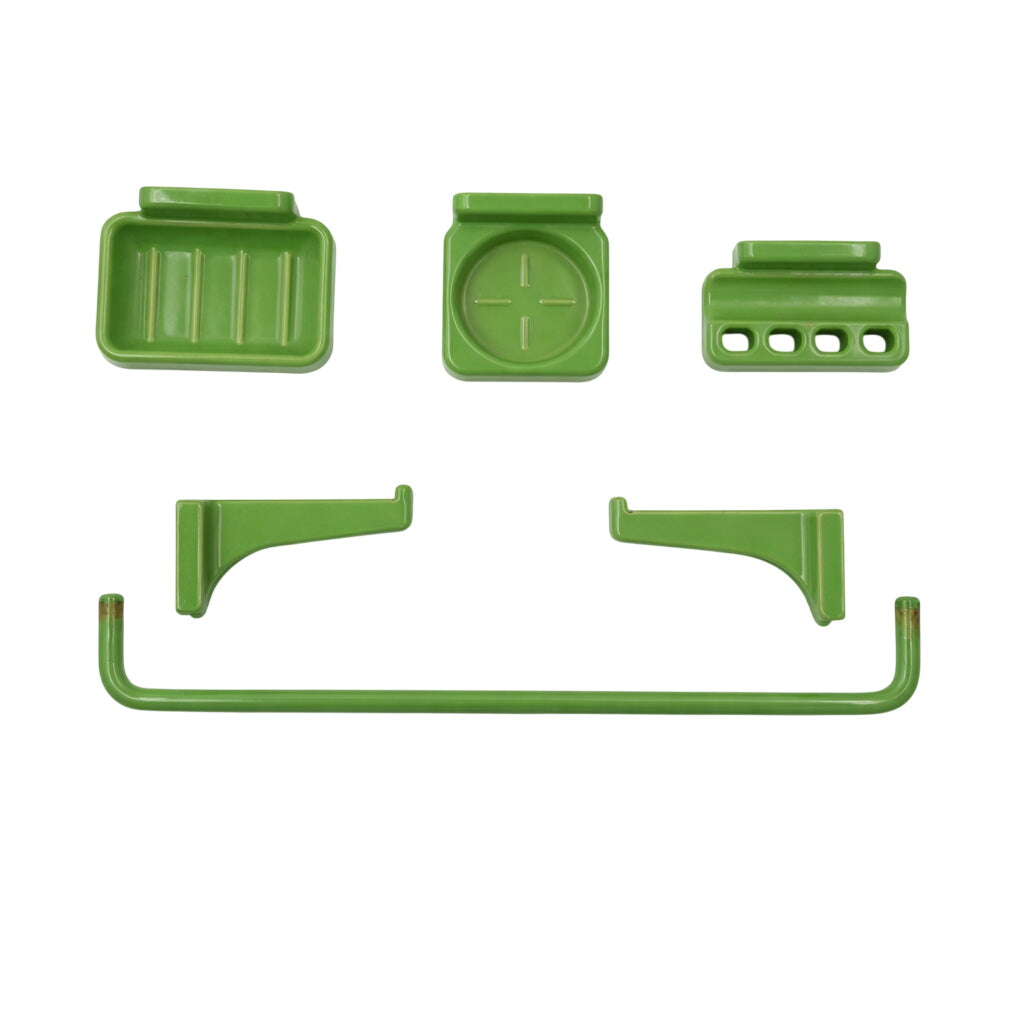 six green bathroom accessories against a white background
