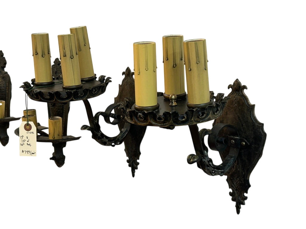 Three-Light Cast Bronze Wall Sconce Pair – Original 1920s (LT-595)