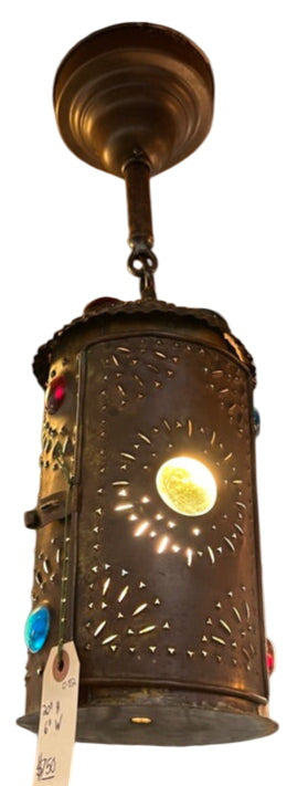 Pierced metal cylinder pendant with colored glass accents – 1920s–1930s (LT-832)