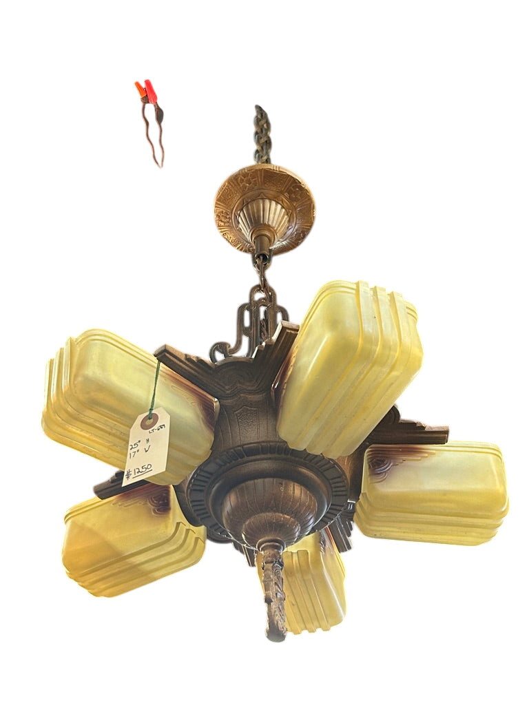 Art Deco 5-Light Slip Shade Chandelier with Amber Glass – c.1930s (LT-689)