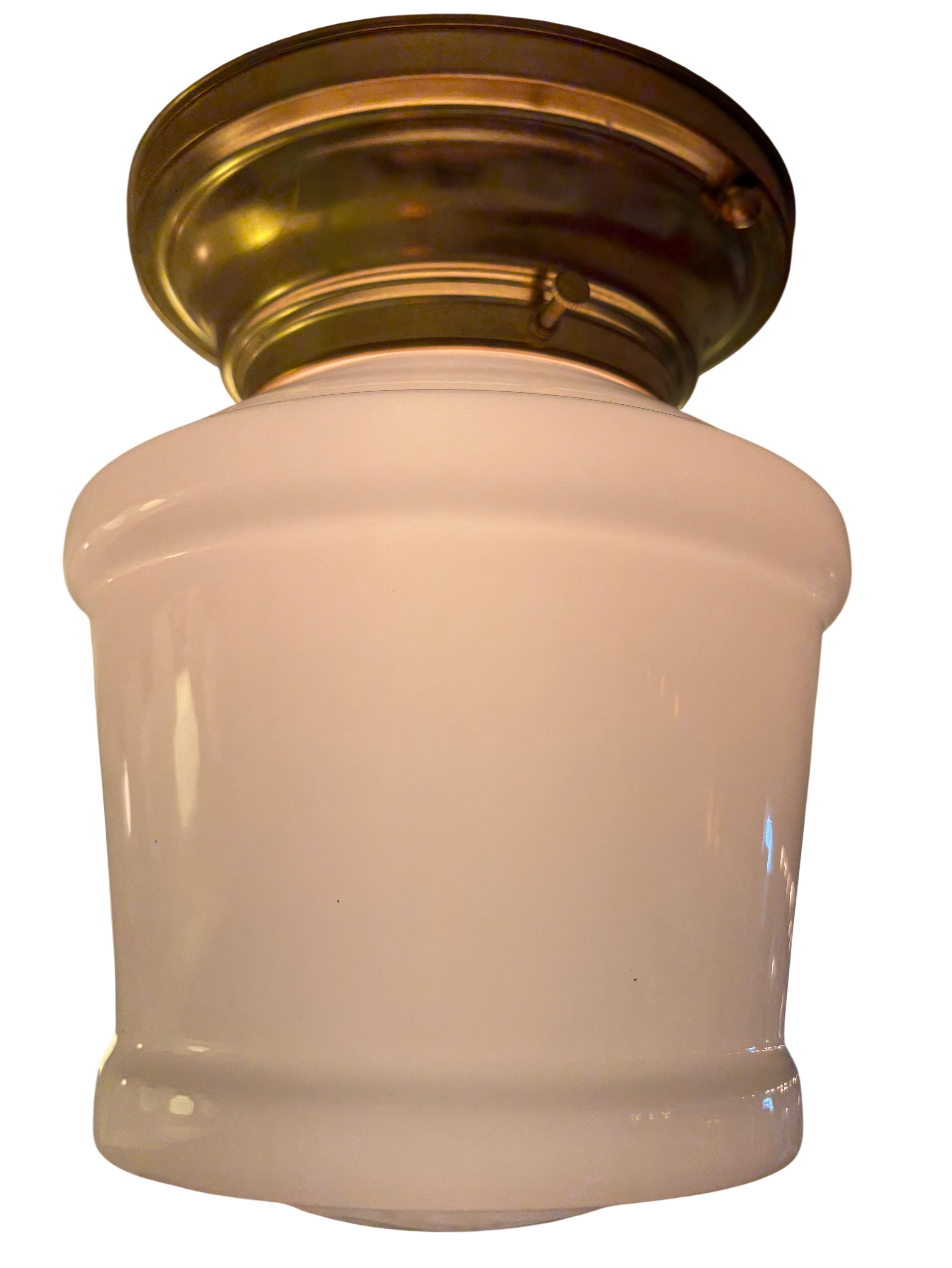 Milk glass flush mount ceiling light with brass fitter – likely 1940s–1950s (LT-1103)