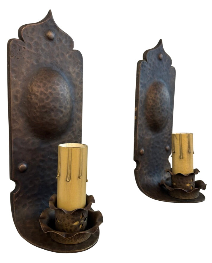 Hammered metal wall sconce pair with candle covers – circa 1920s–1930s (LT-875)