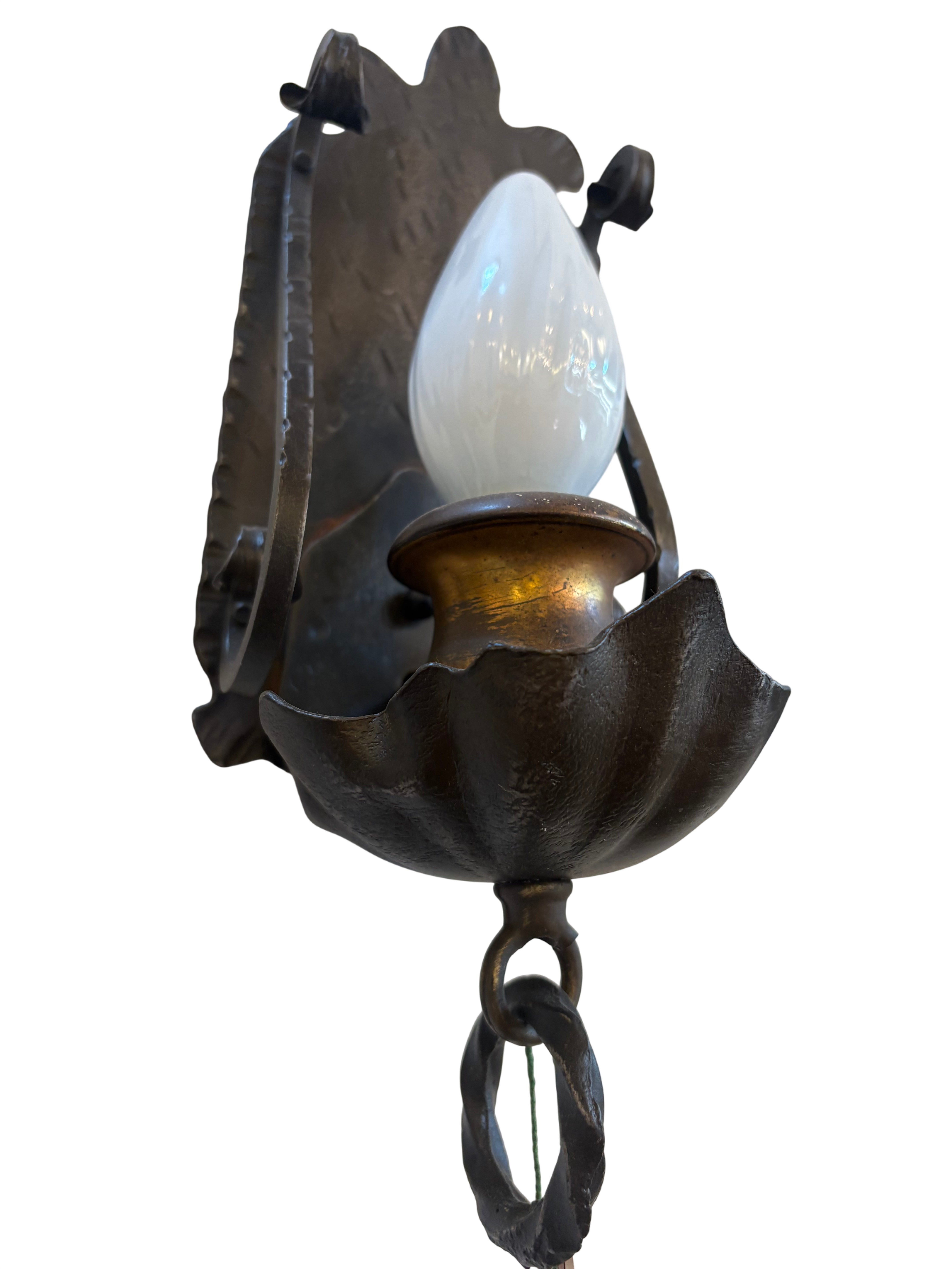 Wrought Iron Wall Sconce with Milk Glass Flame Shade – c. 1920s–1930s (LT-1096)