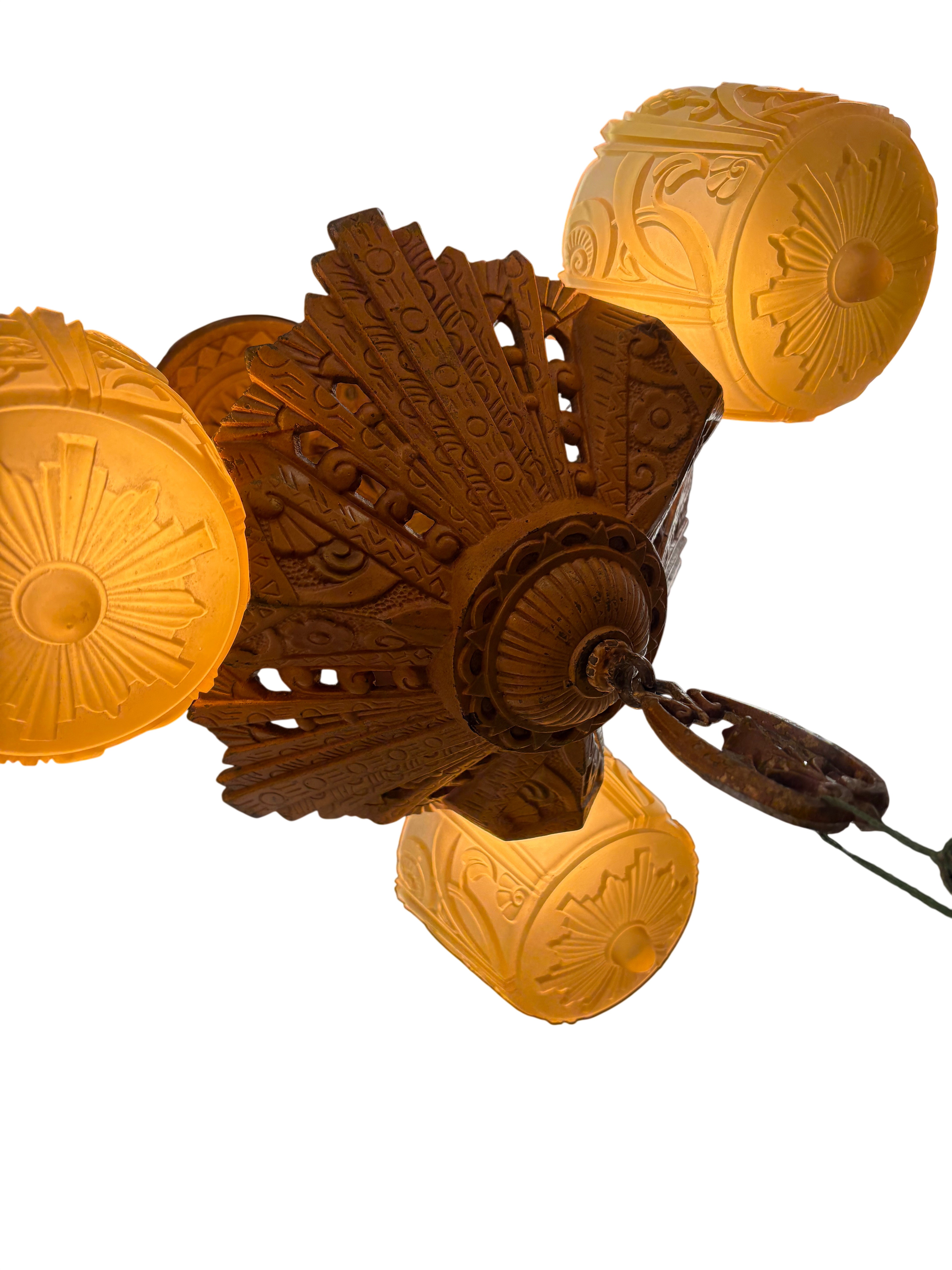 Art Deco chandelier with sculpted slip shades – estimated 1930s (LT-1090)