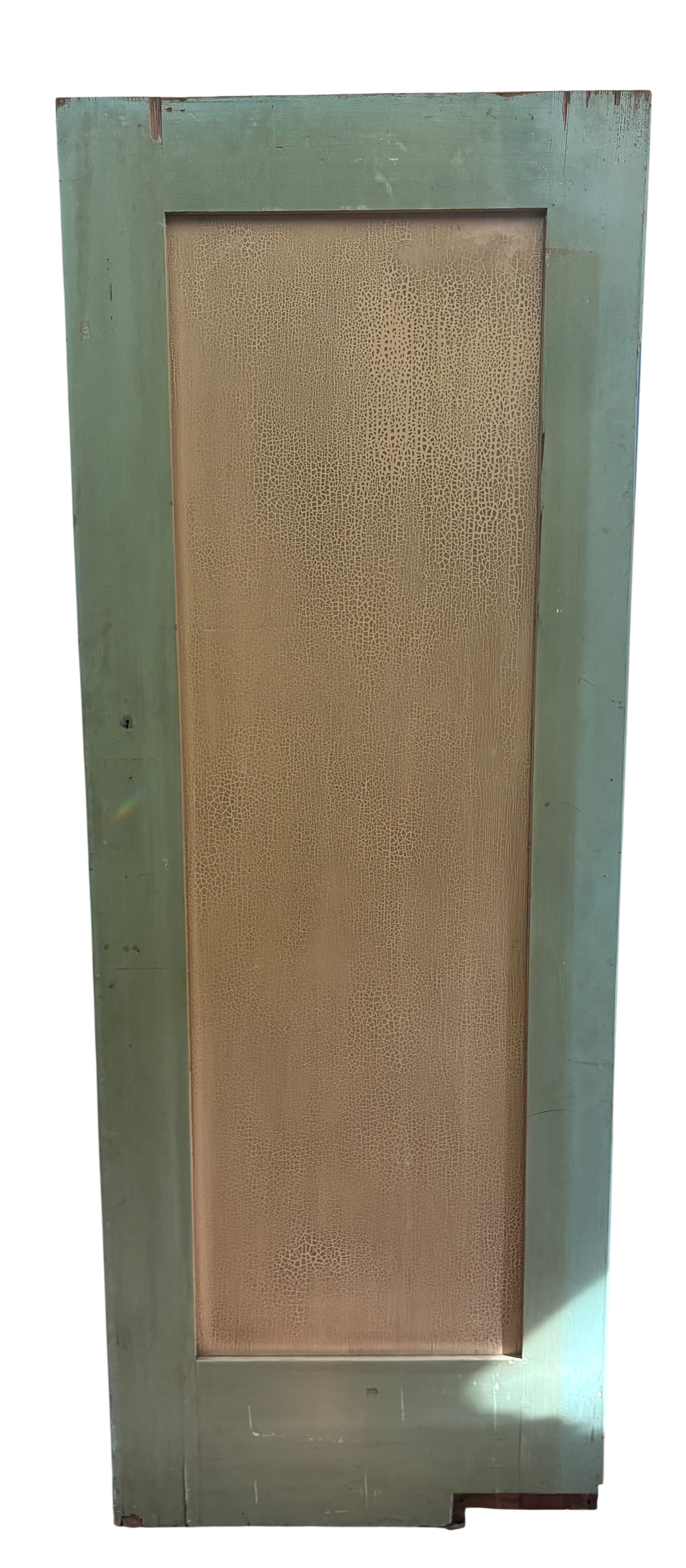 Wooden door with a textured panel and green frame on a white background