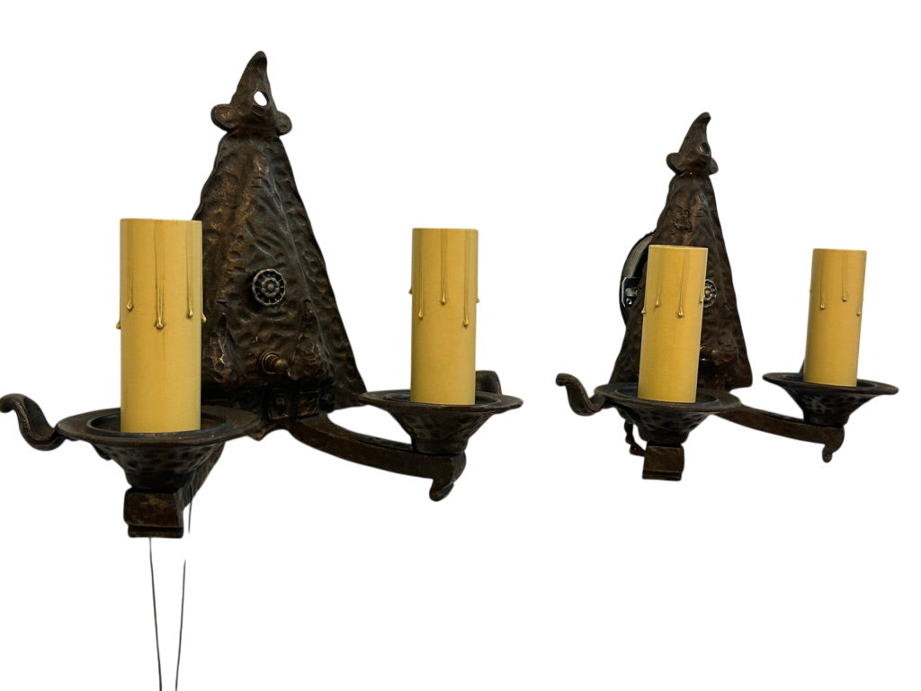 Hammered Cast Iron Double Wall Sconce Pair – c. 1920s–1930s (LT-733)