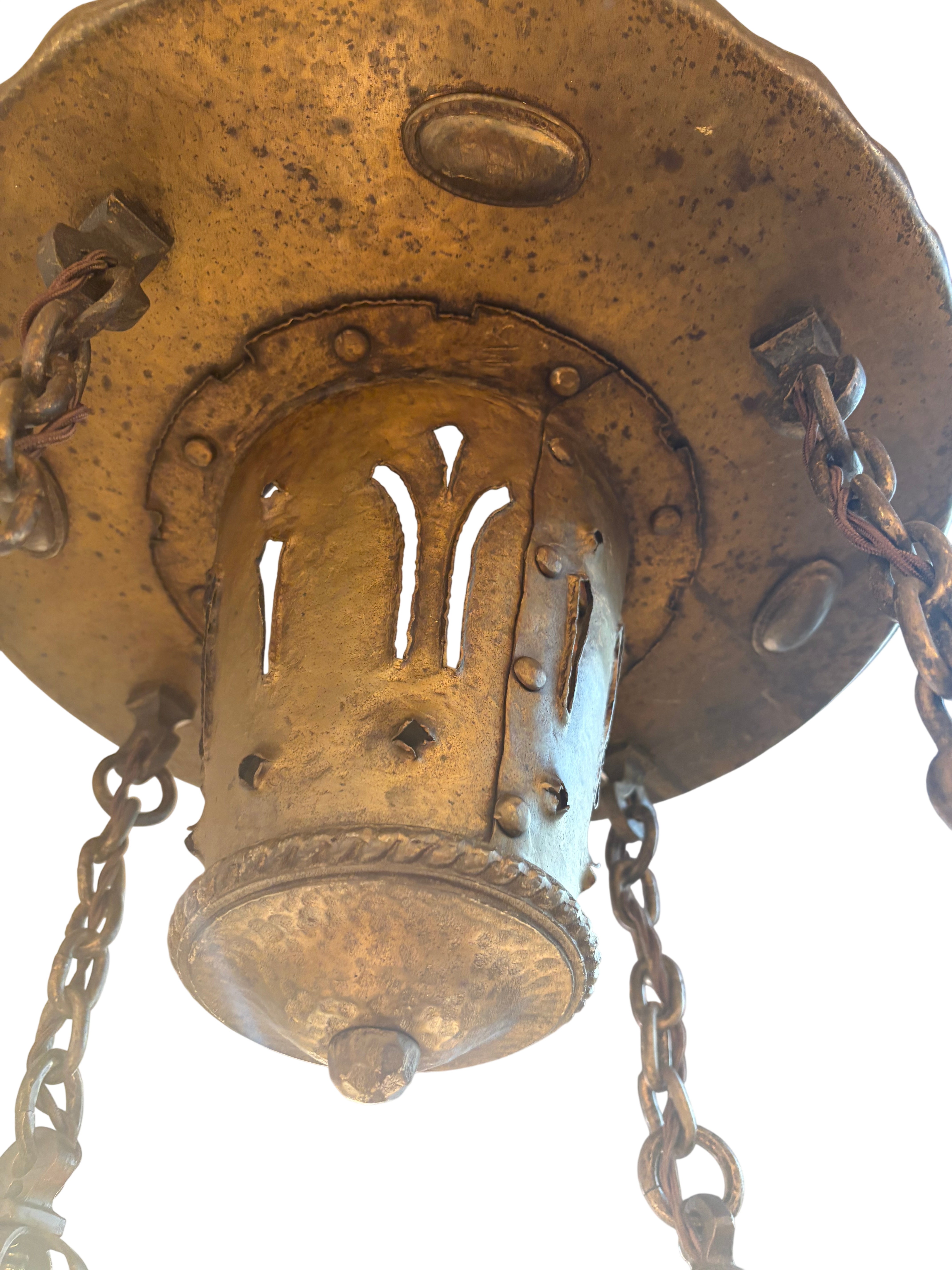 Hammered Arts & Crafts chandelier with etched glass shades (LT-1068)