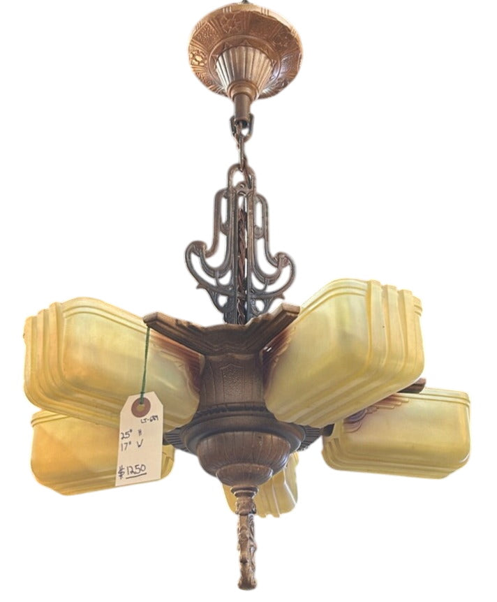 Art Deco 5-Light Slip Shade Chandelier with Amber Glass – c.1930s (LT-689)