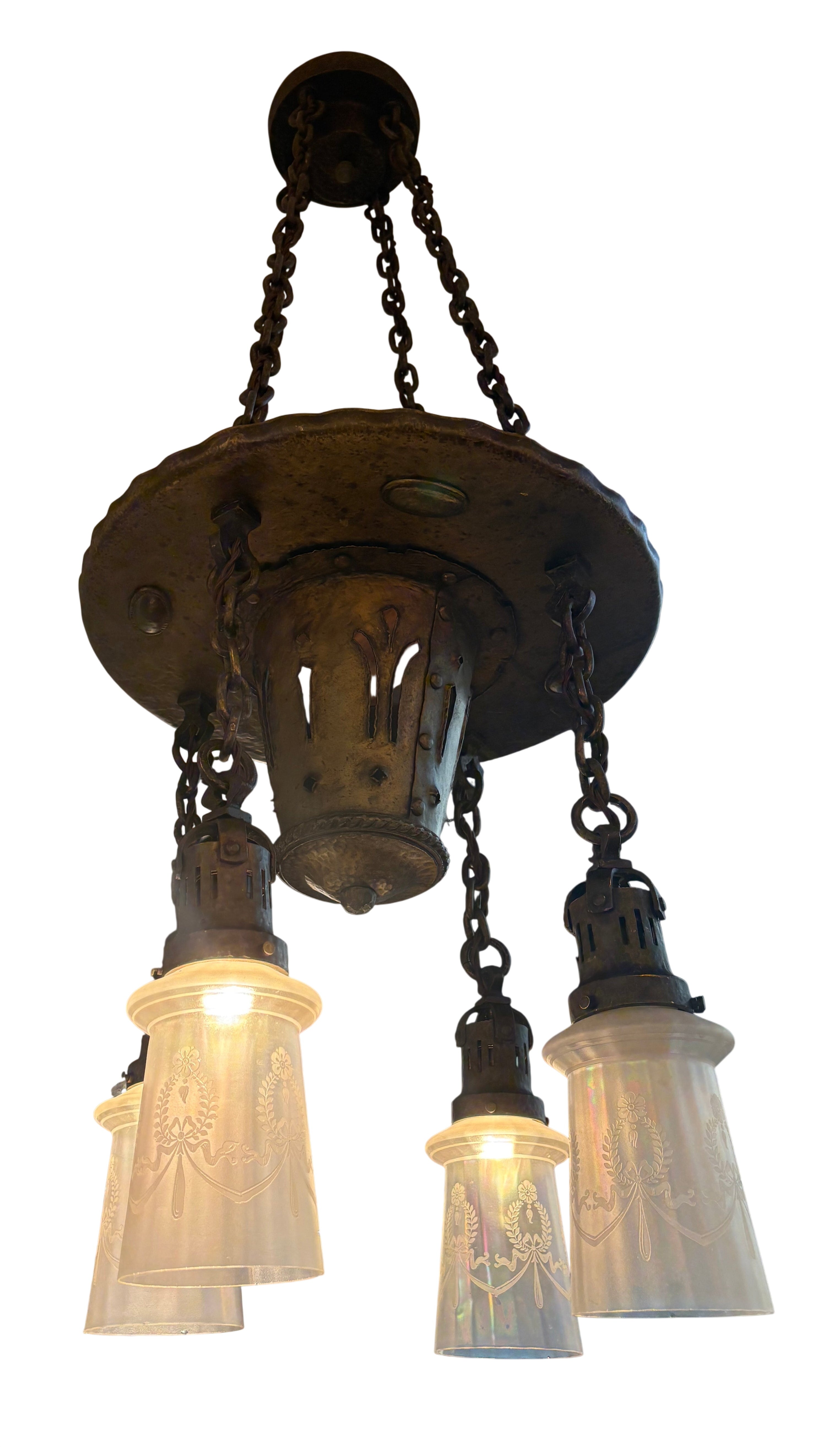 Hammered Arts & Crafts chandelier with etched glass shades (LT-1068)