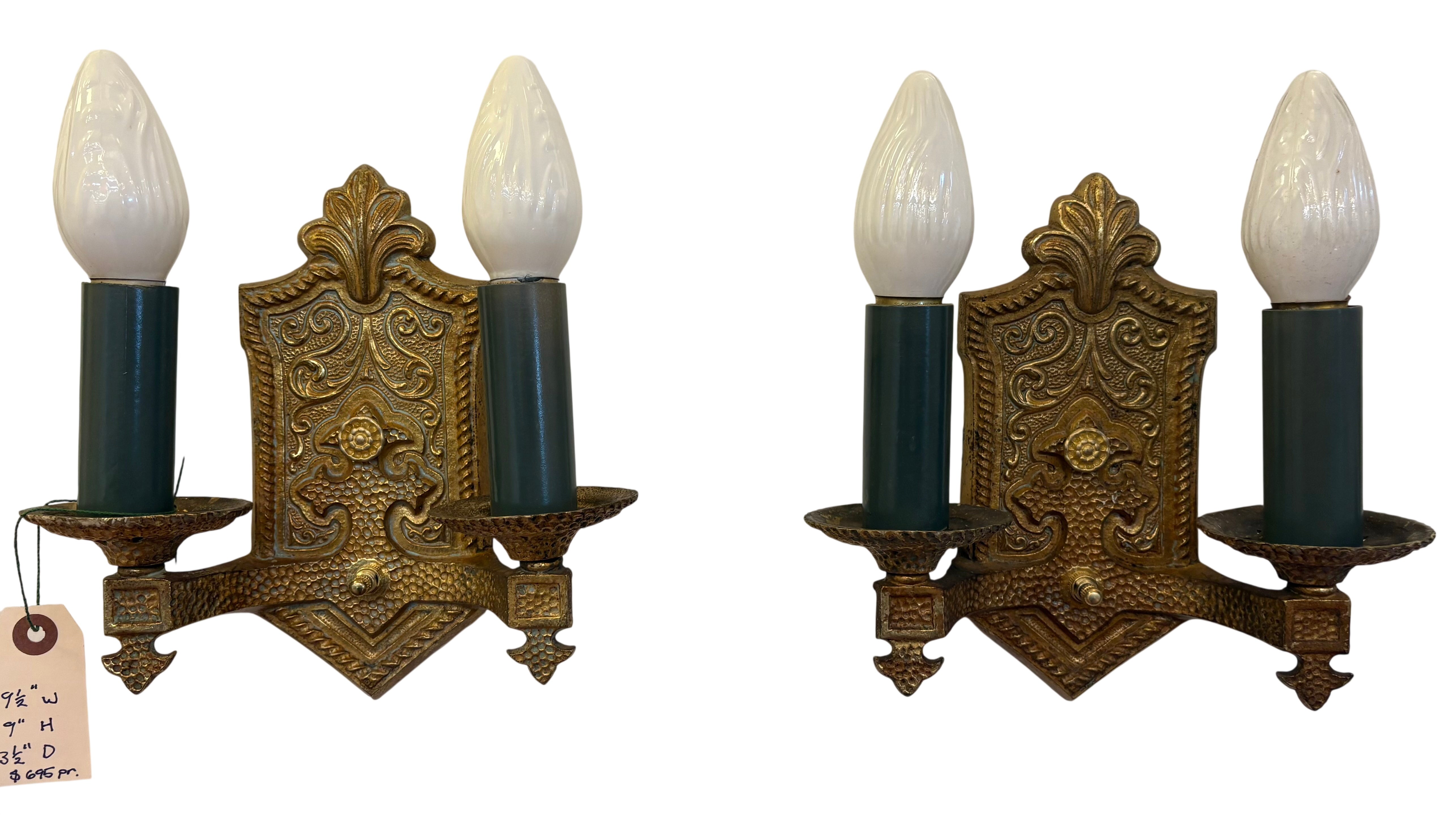 Decorative double arm wall sconce with hammered backplate - 1920s–1930s cast metal Sconce Pair (LT-1099)