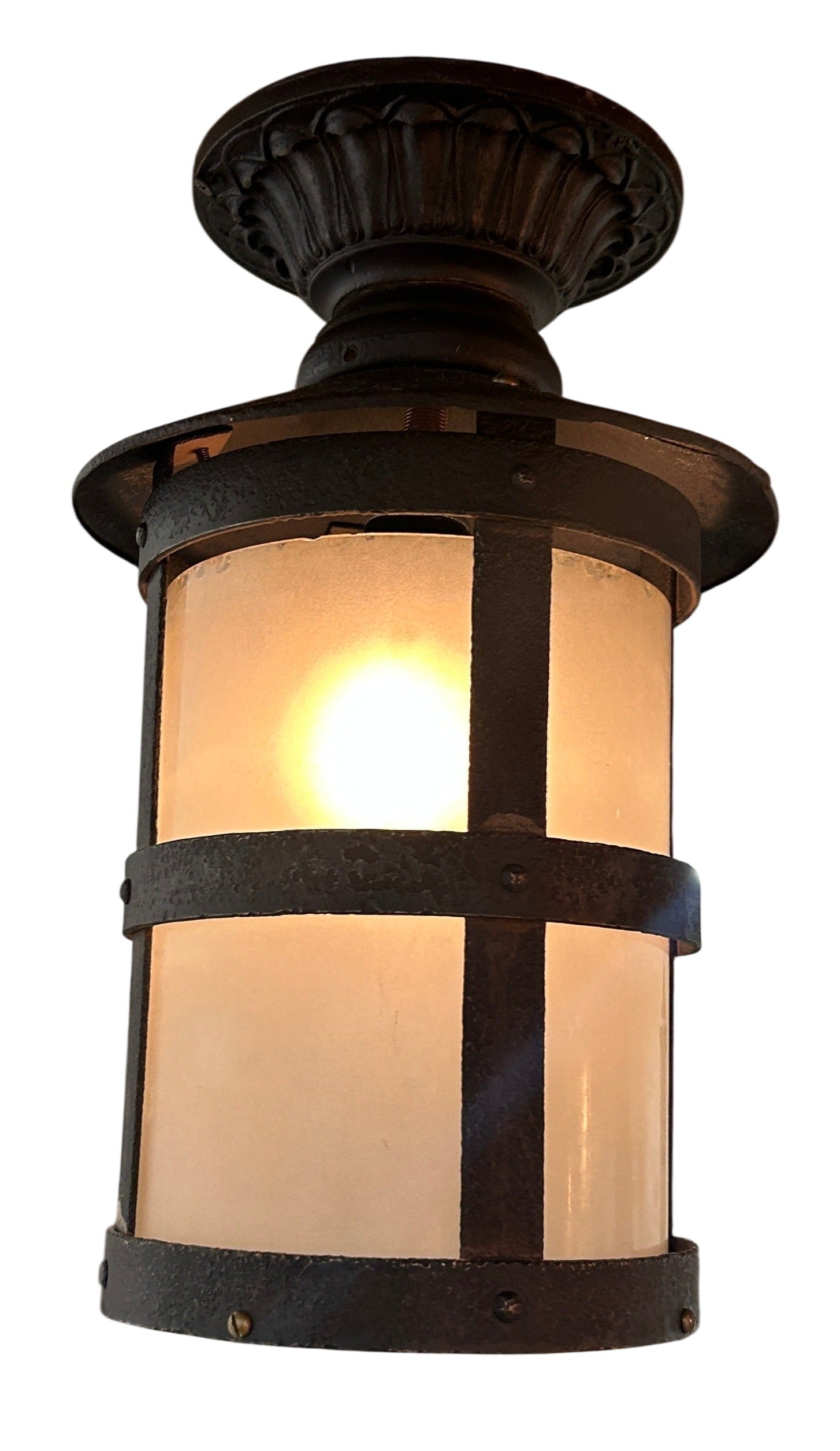 Cast Iron Cylindrical Exterior Pendant with Frosted Glass Panels (LT-715)