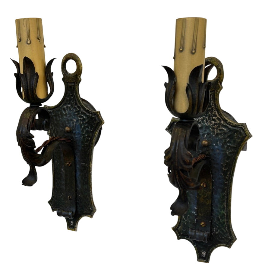 Hammered Sconce Pair w/ Leaf Detailing 1920s–1930s (LT-668)