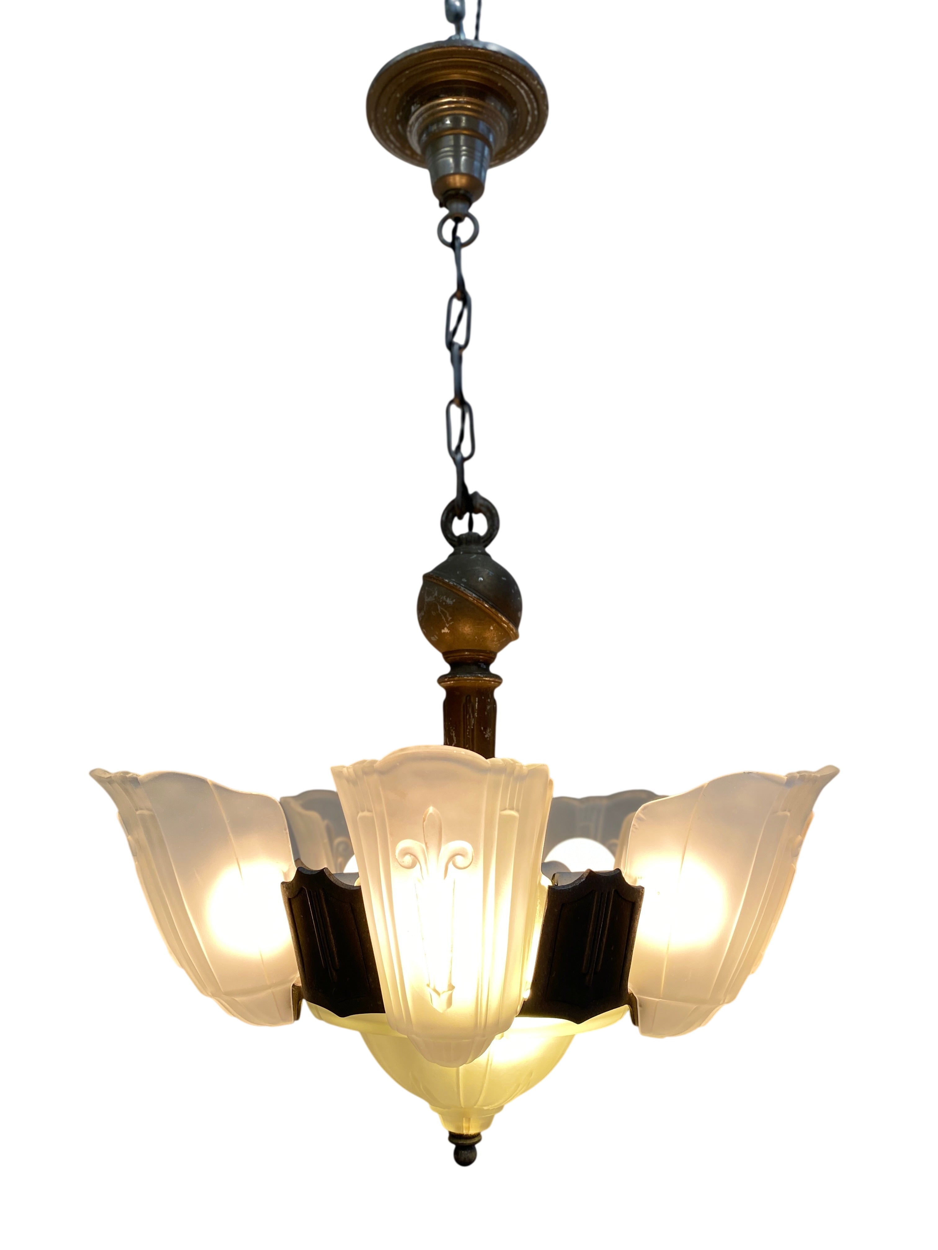 Art Deco 7-Light Slip-Shade Chandelier with Frosted Glass Shades – c. 1930s (LT-214)