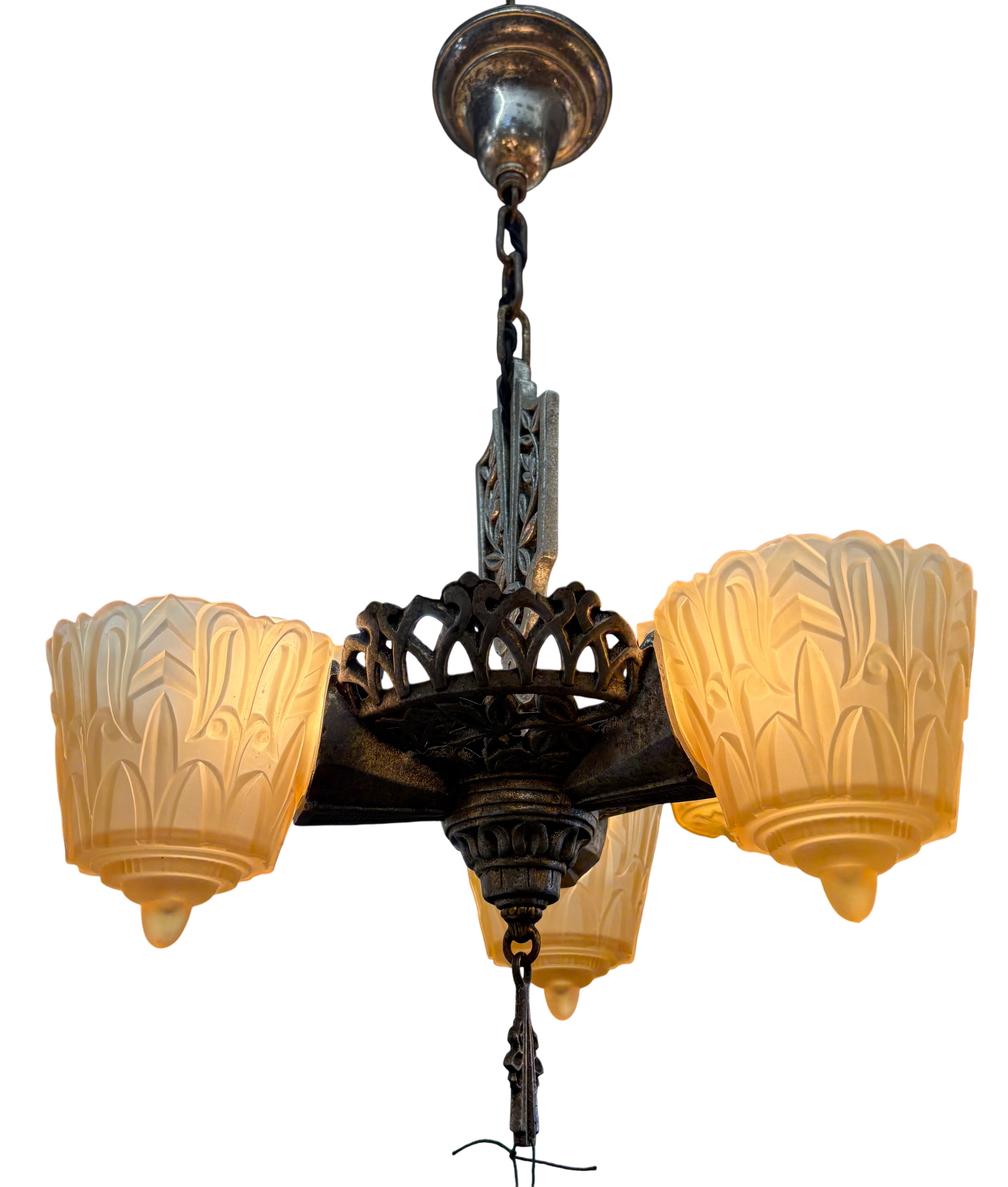 Art Deco three light chandelier with molded glass shades – likely 1930s cast metal fixture (LT- 1089)