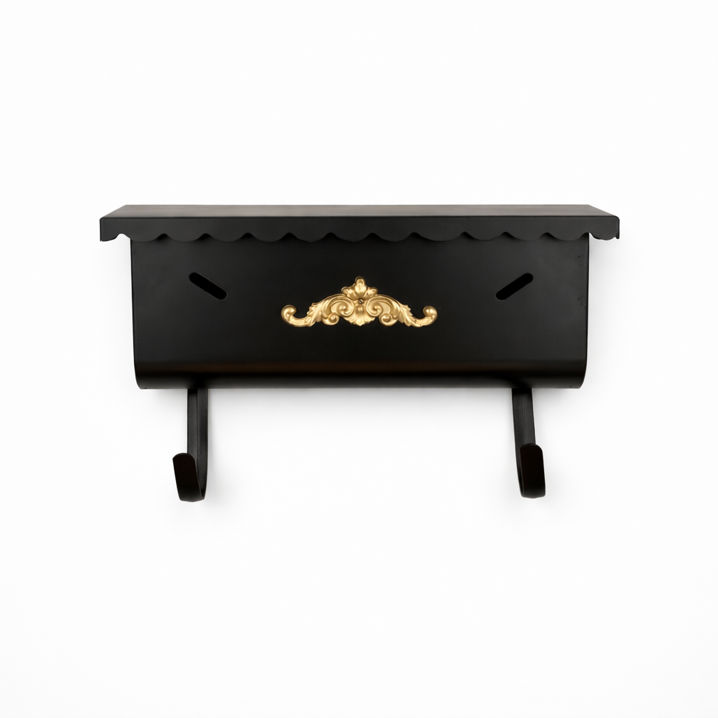Wall Mounted Mailbox – Black with Gold Crest MB-13