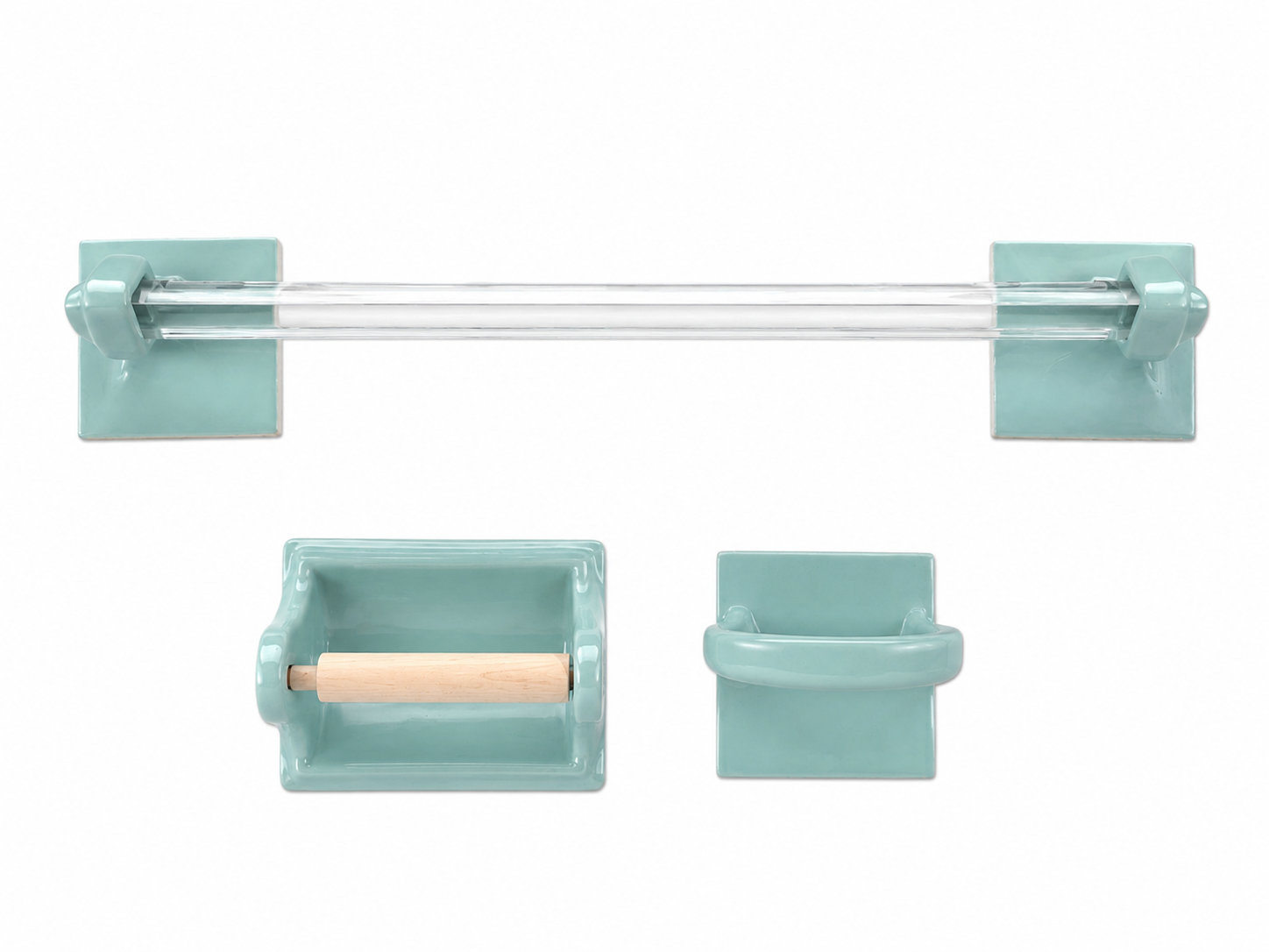 Ming Green Bathroom Accessory Set with Wood Toilet Paper Holder (Complete Matching Set)