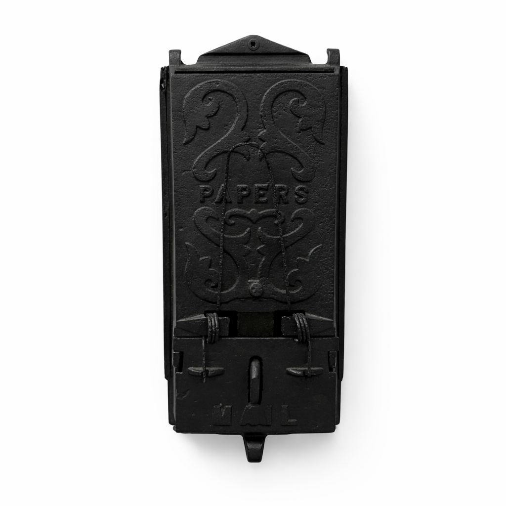 Black metal mailbox with decorative design on a white background