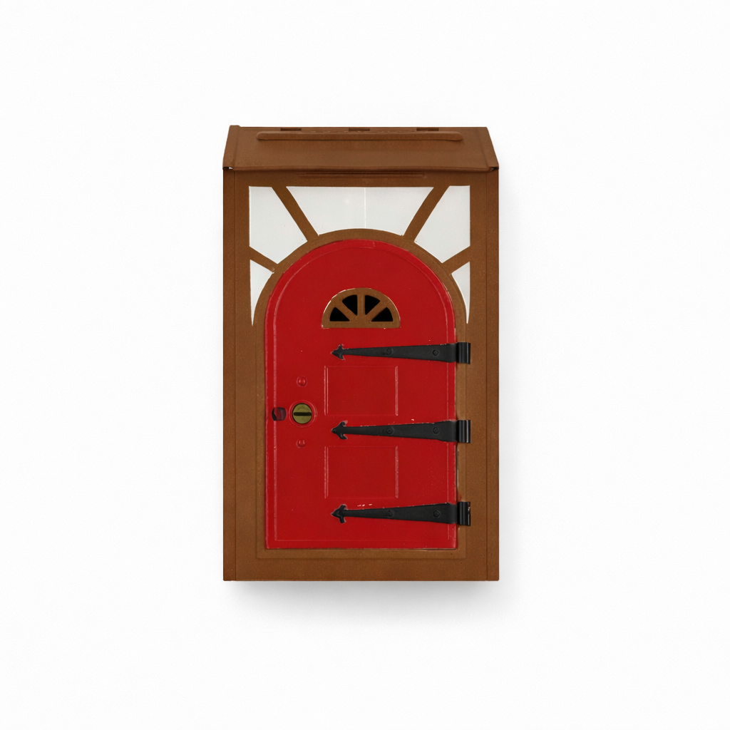 Red  door with brown frame on a white background