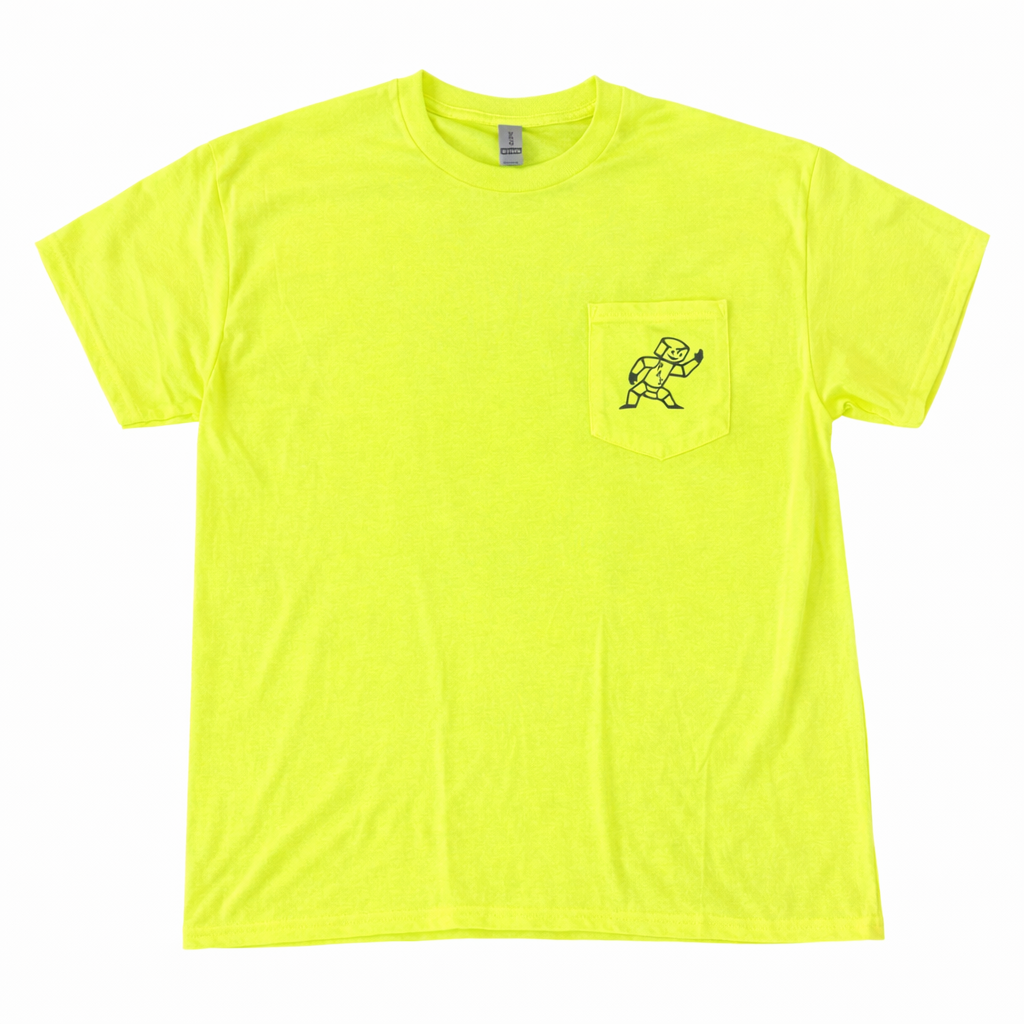 Yellow t-shirt with a small pocket design on a white background