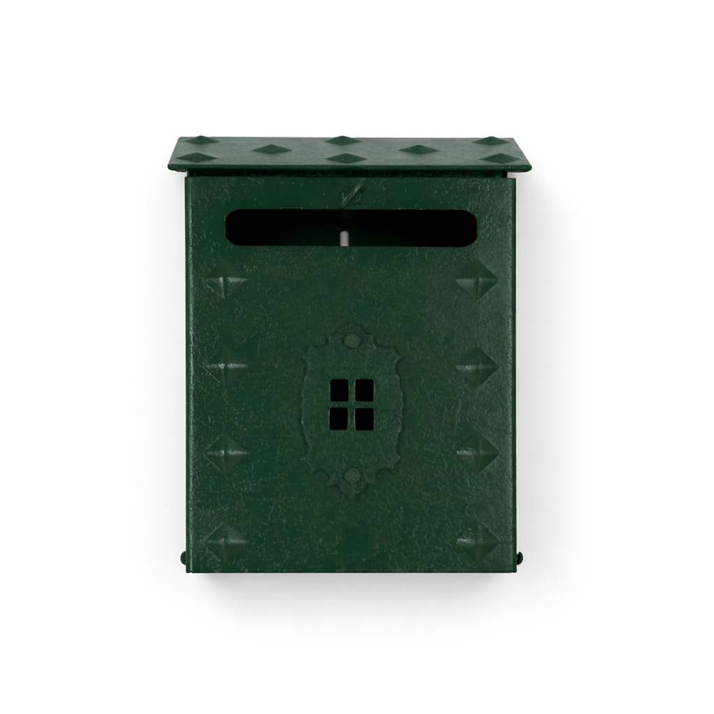 Green mailbox with decorative patterns on a white background