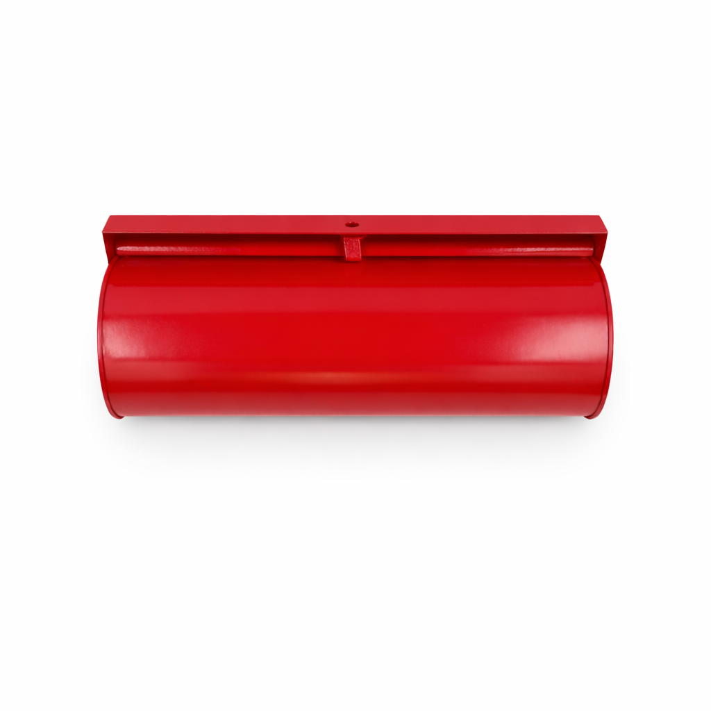 Red metal snow plow on a white background
