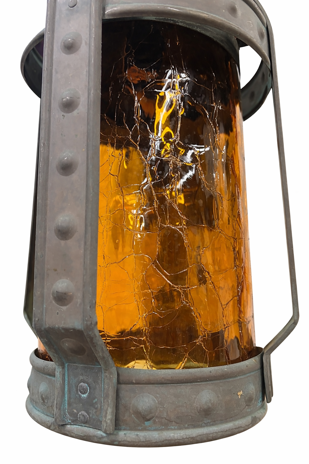 INDUSTRIAL AMBER GLASS LANTERN – RIVETED METAL FRAME (LT-1146)