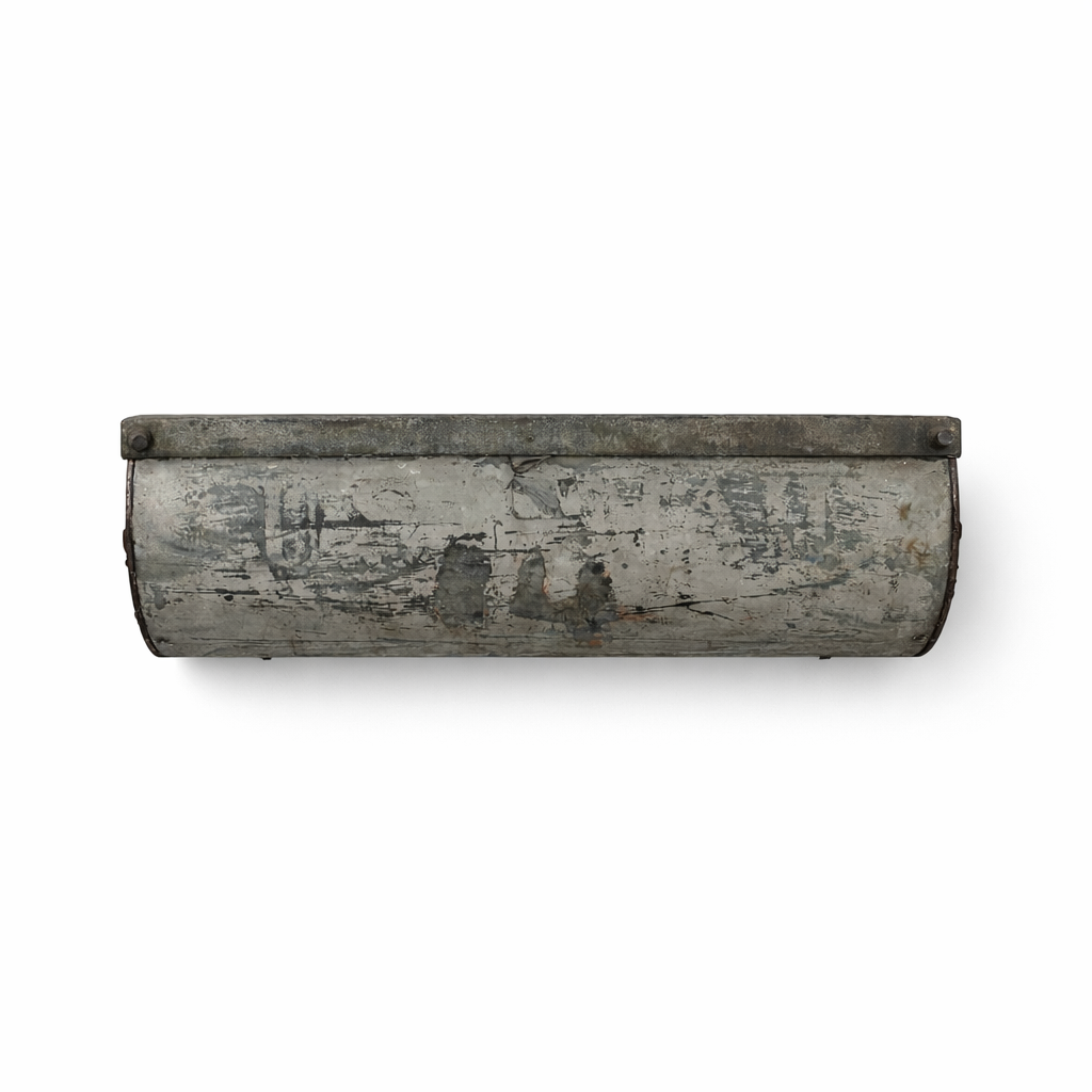 Metal cylindrical mailbox with text on a white background
