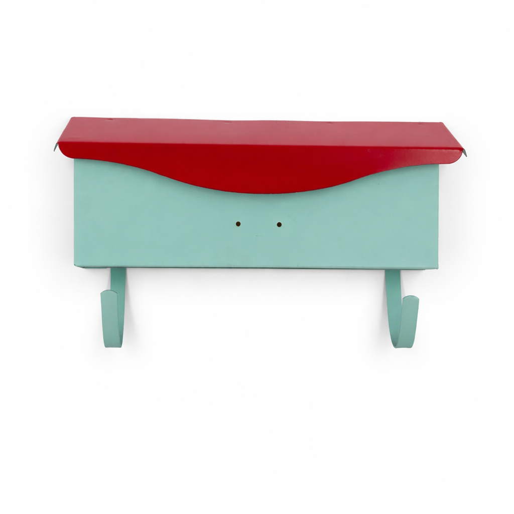 Wall-mounted mailbox with red top and green body on a white background