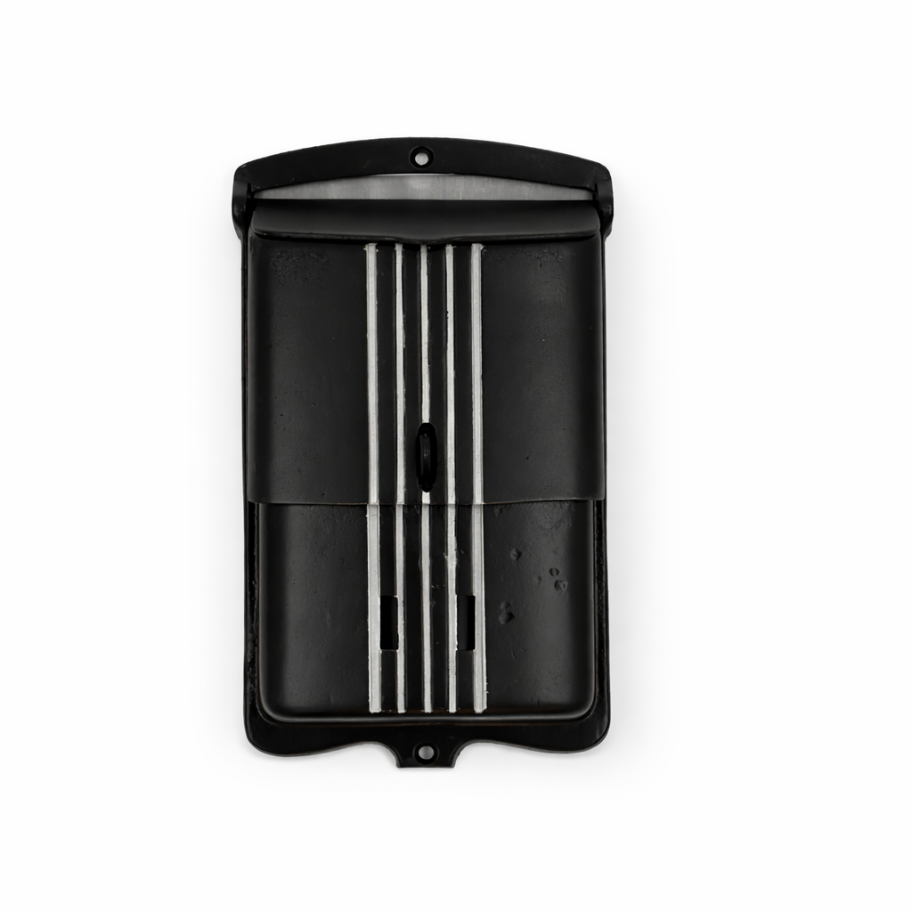 Black wall-mounted mailbox with a lid on a white background