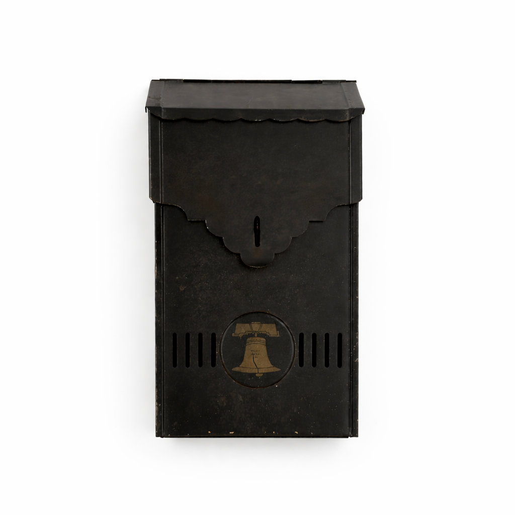 Black metal wall-mounted mailbox with a central emblem on a white background