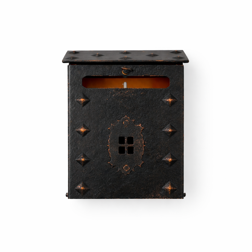 Decorative black metal box with rivet details on a white background