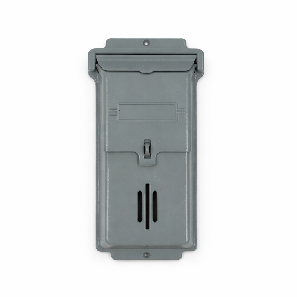 Gray mailbox with a slot on a white background