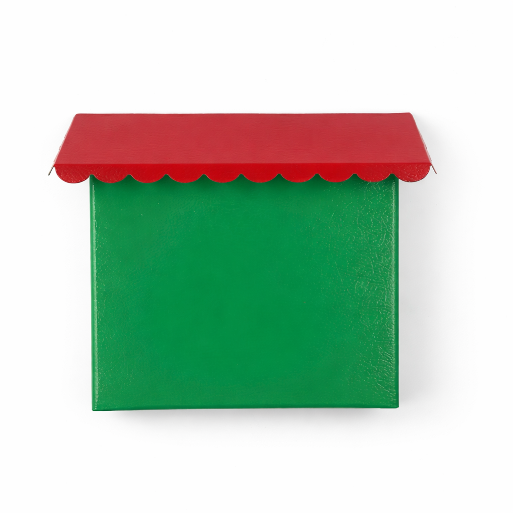 Green mailbox with a red roof on a white background