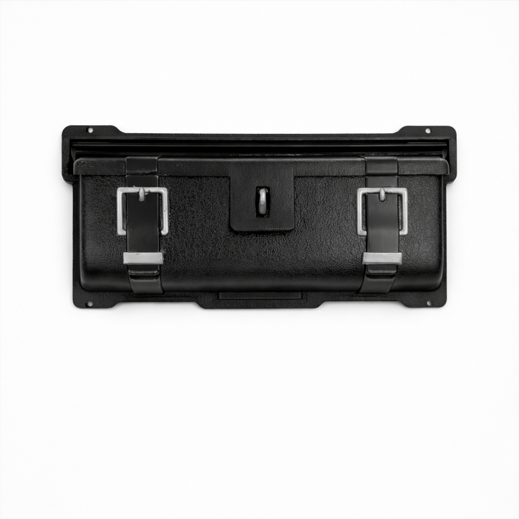 Black mailbox with straps on a white background